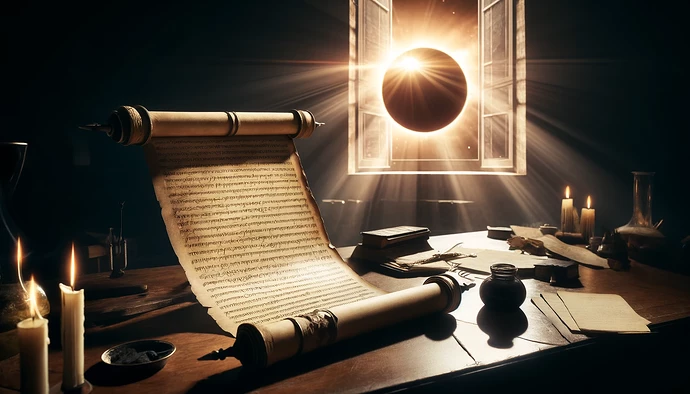 DALL·E 2024-04-08 06.25.16 - Create a wide image close to 1200x628 pixels depicting a scene where an ancient scroll lies open on a desk, with a dramatic solar eclipse visible thro