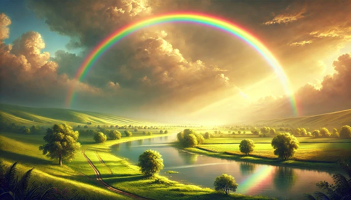 DALL·E 2024-09-18 09.26.00 - A beautiful landscape showcasing a vibrant rainbow arcing across the sky, symbolizing God's promise to Noah. The rainbow appears after a gentle rain,