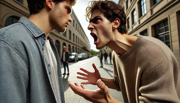 DALL·E 2024-09-24 07.25.32 - A realistic, wide photograph of a person angrily confronting someone else. The angry person is gesturing aggressively, their face contorted with rage