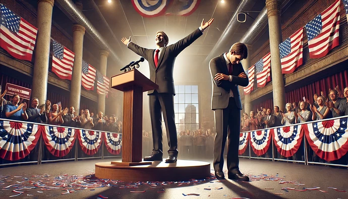 DALL·E 2024-09-25 14.14.21 - A realistic, wide photograph of a person celebrating a political victory at a podium. The winner is smiling and raising their arms triumphantly, with