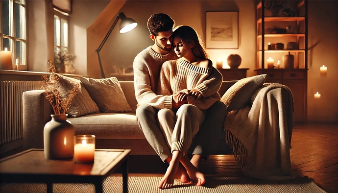 DALL·E 2024-08-16 08.51.00 - A cozy, romantic scene featuring a couple sitting closely on a couch in a warm, softly lit room. The couple is embracing tenderly, with the man gently