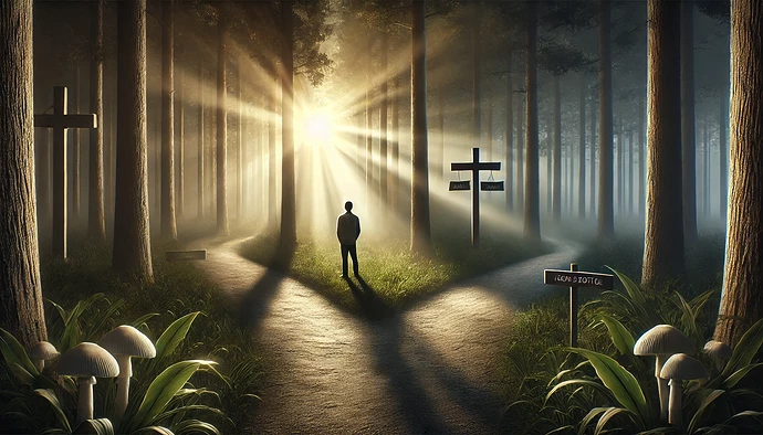 DALL·E 2024-11-25 08.49.45 - A symbolic and reflective image illustrating the concept of obedience and its complexities. The scene shows a person standing at a forked path in a se