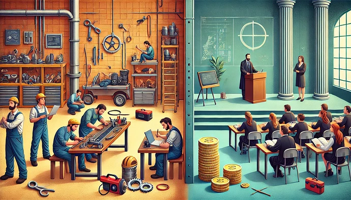 DALL·E 2025-01-13 09.20.24 - A balanced and thought-provoking image depicting two educational pathways. On one side, a vibrant trade school workshop scene shows students working w