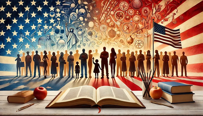 DALL·E 2025-01-06 08.39.16 - A symbolic image depicting a diverse group of people standing together in front of an abstract backdrop featuring soft red, white, and blue tones symb