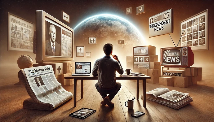 DALL·E 2024-12-05 14.20.38 - A realistic and symbolic image showing a person sitting at a desk, surrounded by various forms of media. On one side of the desk, there is an open new