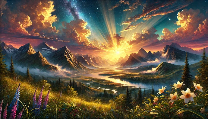 DALL·E 2024-11-05 09.54.02 - A breathtaking, realistic landscape inspired by Psalm 19_1-4, symbolizing the beauty and majesty of God’s creation. The scene features a vibrant sunri