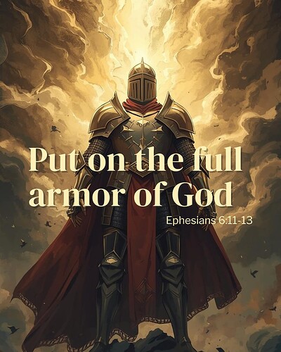 Ephesians 6:11-13 armor of God scripture - Illustration of a powerful armored knight standing with a glowing light behind, surrounded by swirling clouds. The knight wears a red cape and full suit of medieval armor, symbolizing strength and protection. Overlaid Bible verse text reads: 'Put on the full armor of God"