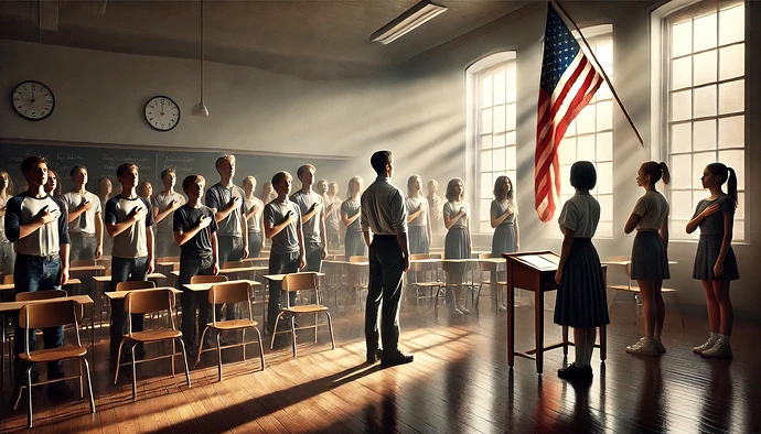 DALL·E 2025-01-13 09.07.56 - A realistic and symbolic image of a classroom during the Pledge of Allegiance. The scene shows a mix of students_ some standing with their hands over