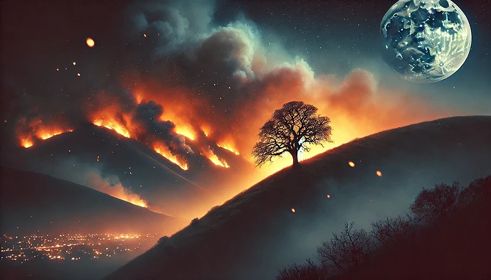 DALL·E 2025-01-16 08.38.38 - A dramatic and realistic image depicting a California hillside engulfed in wildfire flames, with billowing smoke rising into the sky. The foreground f