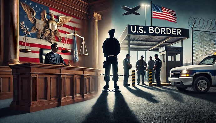 DALL·E 2025-03-26 10.46.39 - A symbolic image showing a split scene_ on one side, a stern-looking courtroom with a judge’s bench and an American flag behind it, representing judic