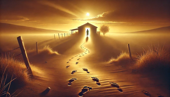 DALL·E 2025-01-08 10.12.48 - A symbolic and heartfelt image inspired by the parable of the prodigal son. The scene shows a distant figure walking along a dusty path toward a welco