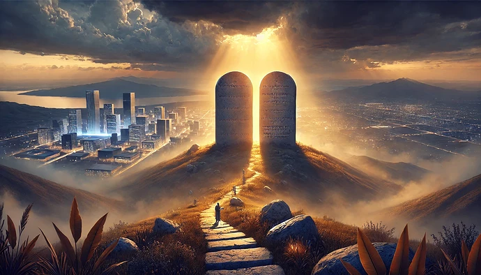 DALL·E 2025-01-06 14.53.38 - A symbolic and thought-provoking image showing the iconic stone tablets of the 10 Commandments resting on a hilltop, illuminated by a soft golden ligh