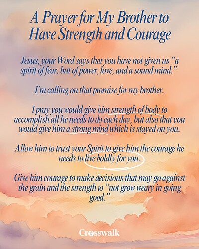 Pastel image with a Christian "Prayer for My Brother" asking Jesus for strength, courage, and a strong mind, with key phrases underlined.