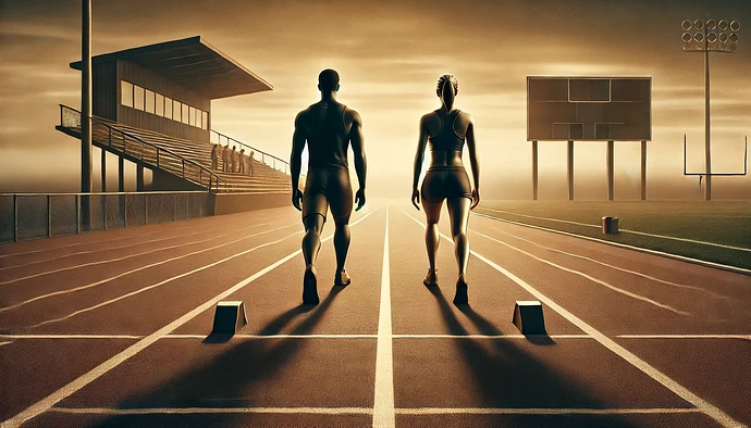 DALL·E 2025-01-16 08.49.58 - A symbolic and balanced image depicting a high school track and field setting at sunset. In the foreground, two athletes—one male and one female—stand